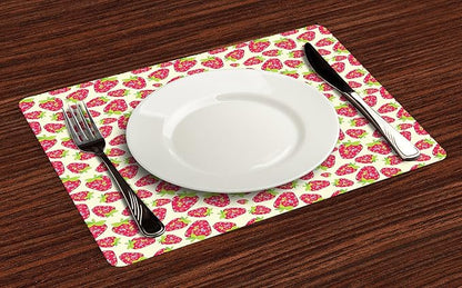 Ambesonne Strawberry Place Mats Set of 4, Tropical Summer Fruit Pattern Strawberry with Traditional Paisley Motifs, Washable Fabric Placemats for Dining Table, Standard Size, Dark Pink