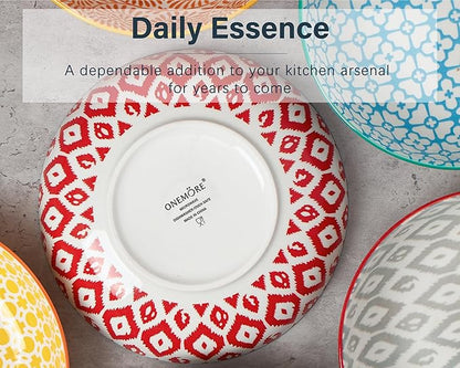 ONEMORE Colorful Pasta Bowls Set of 6, 36oz - Oven/Microwave/Dishwasher Safe Ceramic Wide Bowl for Dinner - Stackable, Scratch Resistant - Assorted Colors