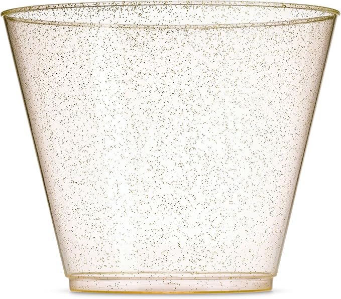 100 Glitter Plastic Cups - 9 Oz Clear Plastic Cups Old Fashioned Tumblers -Gold by Munfix