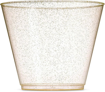 100 Glitter Plastic Cups - 9 Oz Clear Plastic Cups Old Fashioned Tumblers -Gold by Munfix