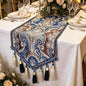 Exquisite Floral Jacquar Table Runner 87" Navy Blue by Jiino