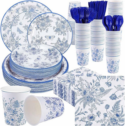 Kochorie 400 Pieces Blue and White Flower Disposable Party Tableware Sets Including Plates Cups Napkins Cutlery Serves 50 for Wedding Birthday Baby Shower Party Decorations