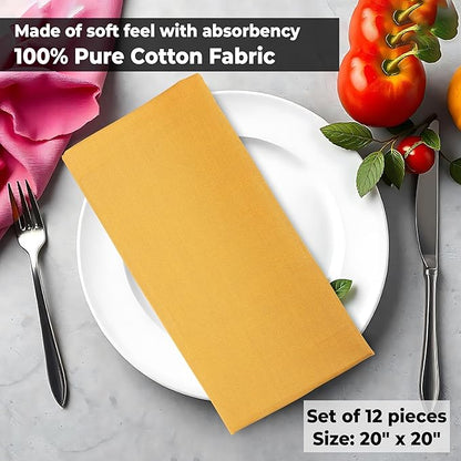 Urban Villa Cloth Napkins Set of 12 (20x20 Inches) 100% Cotton Napkins Cloth Washable Soft Durable Reusable Absorbent Table Dinner Napkins Cloth for Hotel Lunch Restaurant Weddings Parties - Mustard