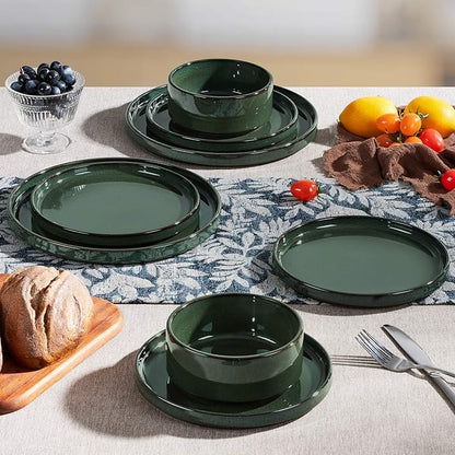 Herogo 12 Pieces Stoneware Dinnerware Set for 4, Ceramic Dinner Dishware Sets for Home Kitchen, Plates and Bowls with Rustic Terracotta Bottom, Dishwasher & Microwave Safe, Dark Green
