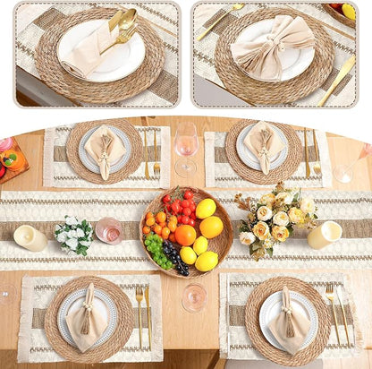 6 Sets Boho Decoration Placemats Round Woven Placemats, Cloth Napkins, Wood - Image 5