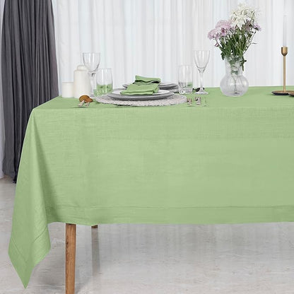 D'Moksha Homes Sage Green Linen Tablecloth for Rectangle Tables 60 x 144 Inch - 100% Pure Linen Green Table Cloth - Classic Hemstitch, Machine Washable Dining Tablecloth for St Patricks Day, Easter