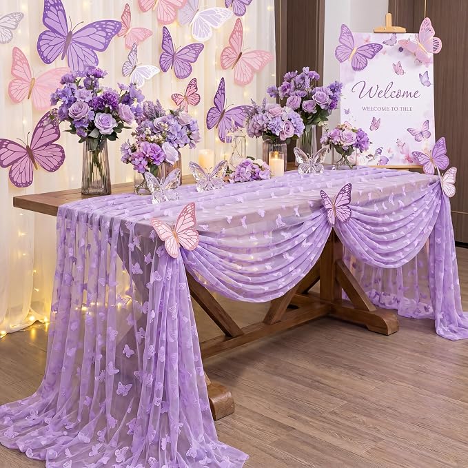 4 Pcs Butterfly Table Runner 29 x 70 Inch Purple Flocking Butterfly Tulle Table - Image 4