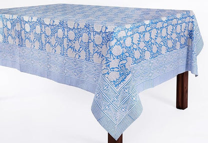 ATOSII Azora Blue 100% Cotton Square Summer Tablecloth, Block Print Floral Table Cloth for Dining, Outdoors, Parties, Weddings I Grand Millenial Decor 60 X 60 Inches I 4 Seater