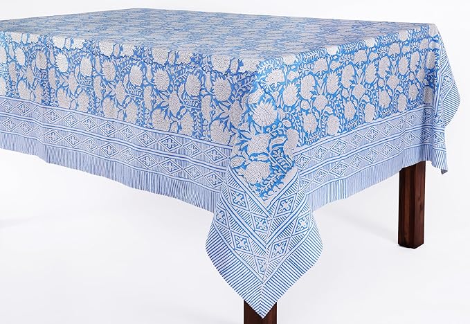 ATOSII Azora Blue 100% Cotton Rectangle Fall Tablecloth, Handblock Floral Print Linen Table Cloth for Kitchen Dining I Parties, Outdoors, Christmas, Thanksgiving I 72 X 108 Inches I 8 Seater