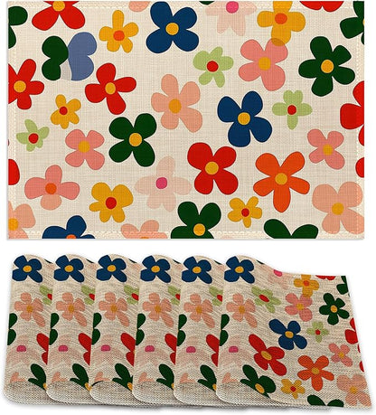 6 Pcs Placemats,Vintage Groovy Flowers Placemat,Colorful Table Mats Washable Recyclable Table Placemats for Indoor Outdoor Heat Resistant Kitchen Dining 12"x18"