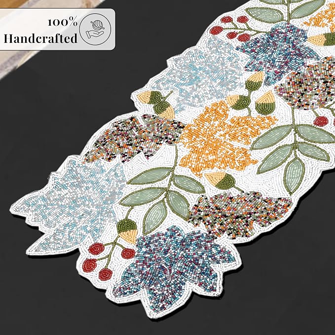 Boho Beaded Table Runner, 13x36 | Handcrafted glass beads, polyester satin - Image 3