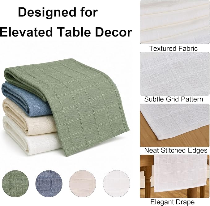 White Table Runner, Linen-Look Fabric, Subtle Check Pattern, Dining & Coffee - Image 5