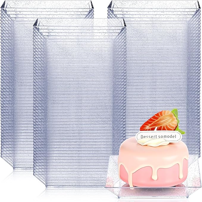 Zhehao 100 Pcs Clear Plastic Dessert Appetizer Plates, 3.6 x 3.6 Inch Disposable Small Square Plastic Dessert Cake Plates for Wedding Cake Appetizer Parties Reception(Silver Clear)