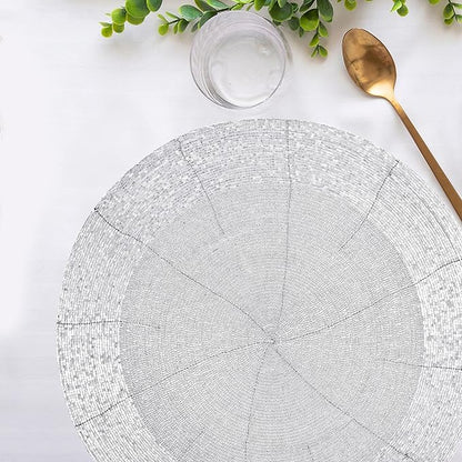 Lightnpro Beaded Placemats Set of 4-13 Inch Round Handmade Table Chargers - Rustic Farmhouse Glitz Table Décor for Dining Room, Christmas, Thanksgiving, Easter & Special Events- Whitish Silver