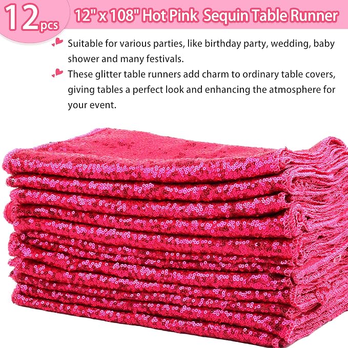 12 Packs Sequin Table Runner Hot Pink 12 X 108 Inch Glitter Dining Table Runner - Image 2