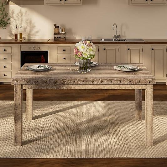 Morden Fort Farmhouse Rectangular Wooden Dining Table, Rustic 60" Kitchen & Dining Room Table with Woodgrain Tabletop, Rivet Accents & Solid Wood Legs