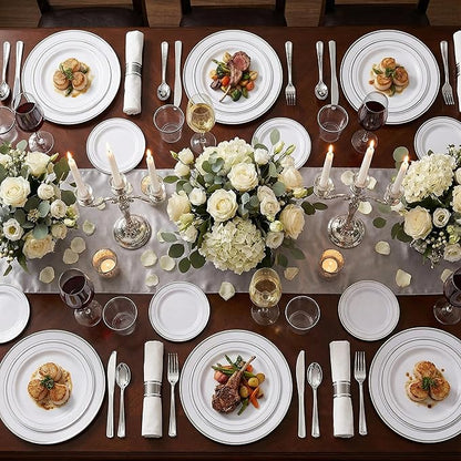 WELLIFE 350Pcs Silver Plastic Plates for 50 Guests - Disposable Dinnerware Set, Christmas Party Supplies Includes 100 Silver plates,150 Silverware,50 Napkins,50 Cups,Christmas Plates Disposable