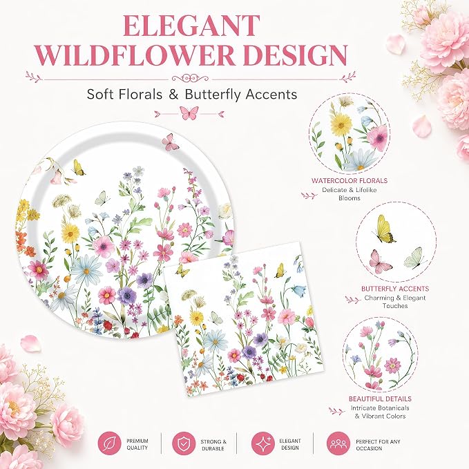40 Pcs Wildflower Plates And Napkins, 9 Inch Floral Plates and Napkins | - Image 3