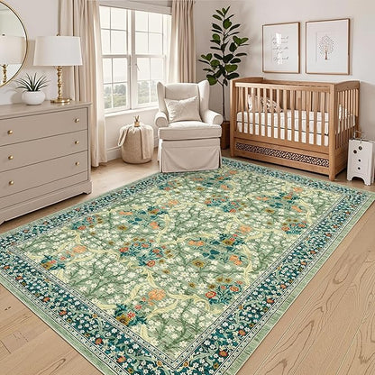 GarveeHome 8x10 Area Rugs, Washable Rugs for Living Room Non Slip Stain Resistant Ultra Soft Floral Rug, Boho Carpet Floor Mat for Bedroom Dining Room Nursery Playroom Office, Sage Green