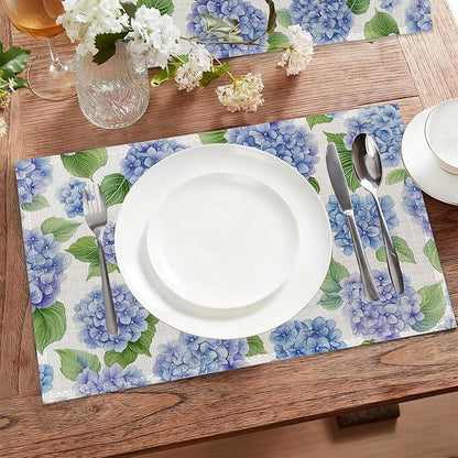 Blue Hydrangea Flower Fabric Placemats,Spring Floral Table Placemats Set of 6 Cloth Place Mats, Washable Heat-Resistant Table Mats for Home Kitchen Dining Room Decoration 11.8x17.7 Inch