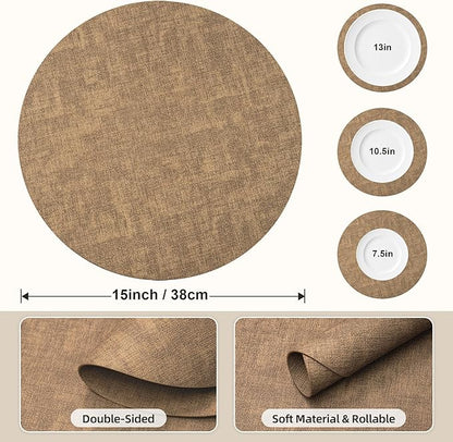 15 inch Faux Leather Round Placemats Set of 6 Non-Slip Washable Wipeable Table Mats, Heat Resistant Waterproof Oilproof Brown Place Mats for Kitchen, Dining, Party, Indoor, Outdoor