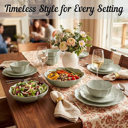 Sango 12 Pieces Scalloped Dinnerware Set, Sage Green Dishes - Image 8