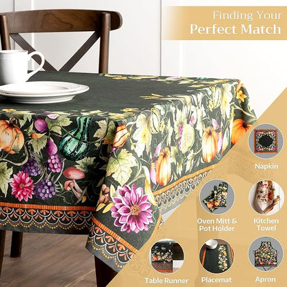 Maison d' Hermine Table Cloth Rectangle Table 100% Cotton 70 x 90 Inches Fall Tablecloth Reusable Everyday Use for Thanksgiving Christmas Decorations Dining Farmhouse (Pumpkin Garden - Dark Green)