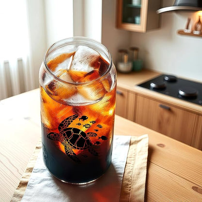Cute Turtle Glass Cup With Lids And Straws, Turtle Gift For Women, IIced, Coffee, Smoothie, Cocktail, Beer, Whiskey, Soda, Matcha,16 Oz, Home Office Table Desk Decoration!