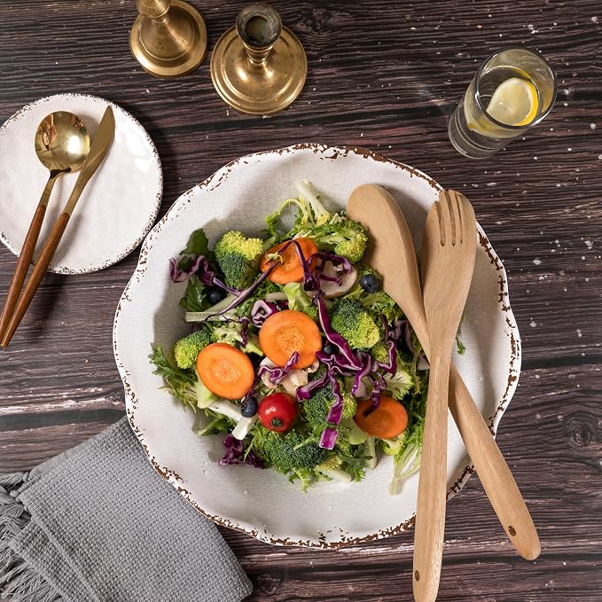 Rustic Melamine Serving Bowls, 12 inch Larger Salad Bowl Set, Farmhouse White - Image 2