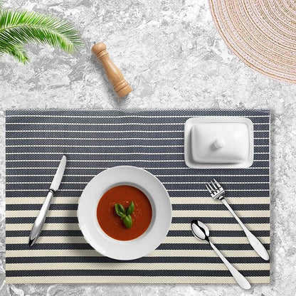 Placemats Set of 4 Vinyl Washable Navy Blue Placemats, 18"x12" Wipeable Heat-Resistant Non-Slip Easy Clean Table Mats Ideal for Dining Table Table Runner and Outdoor (4, Dark Blue Stripe)