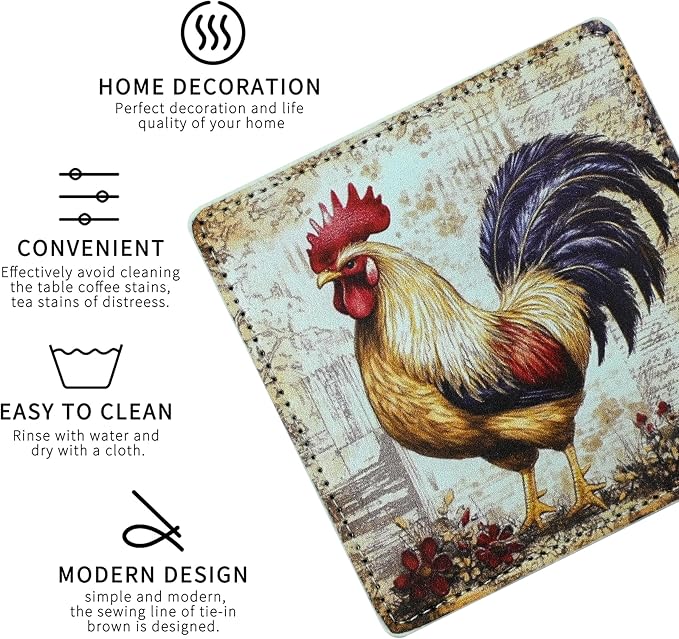 Rooster Coasters Square Leather Drinks Coaster Set - Image 3