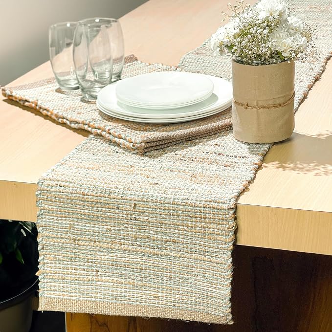 Natural Jute Table Runner, 13x90 Inch, Sage Green-White | Vintage Boho Rustic - Image 7
