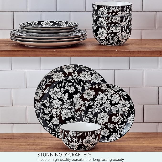 Pfaltzgraff Midnight Blooms 12 Piece Floral Stoneware Dinnerware Plate Bowl - Image 6