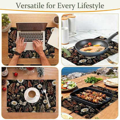 Cloth Placemats,Forest Mushroom Fabric Placemats Set of 6,Washable Rustic Herb Leaf Wildflower Table Mats,Decorative Place Mats for Dining Home Kitchen Holiday Party 11.8x17.7 Inch