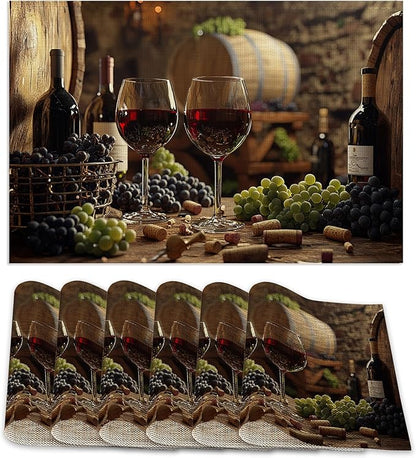 Red Wine Placemats Set of 6,Grape Wood Placemats Washable Kitchen Dining Linen Table Mats Stain Heat-Resistant for Home Party Indoor 12x18 inch