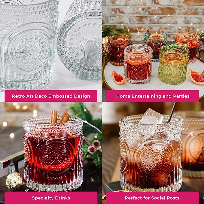 Ribbed Retro Arch Floral Clear Drinking Glasses Set of 6, Vintage Glassware Set - Image 5
