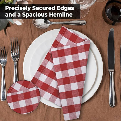 Urban Villa Cotton Dinner Napkins Set of 6, Highly Absorbent 20x20 Inches Premium Cloth Napkins Hotel Quality Reusable & Washable Table Dinner Napkins for Home & Weddings - Red/White, Checks