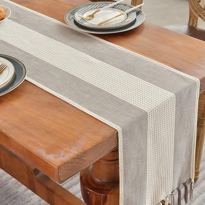 Wracra Linen Table Runner, Stripe Table Runners 36 Inches Long Coffee | - Image 6
