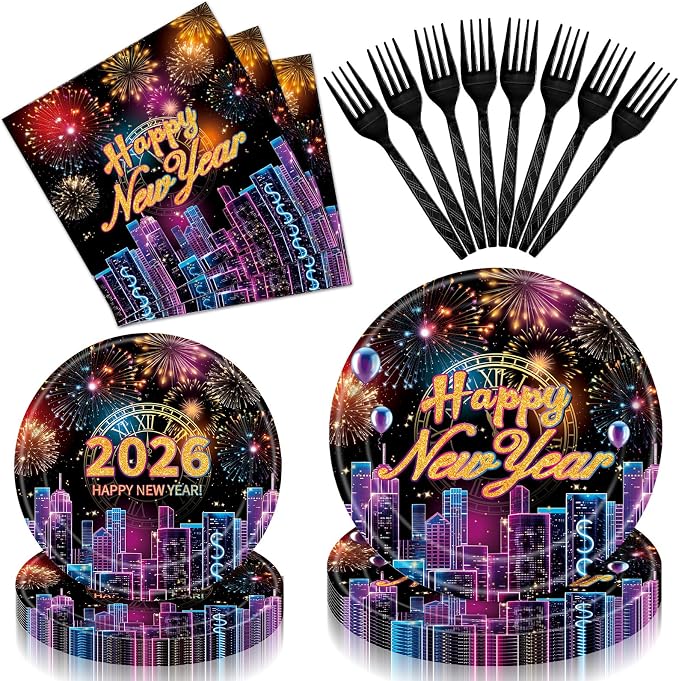 96 Pieces Happy New Year 2026 Tableware Set – Fireworks and City Night Skyline by GistomeHome