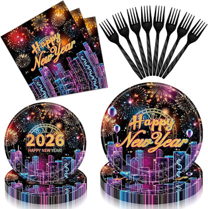 96 Pieces Happy New Year 2026 Tableware Set – Fireworks and City Night Skyline by GistomeHome