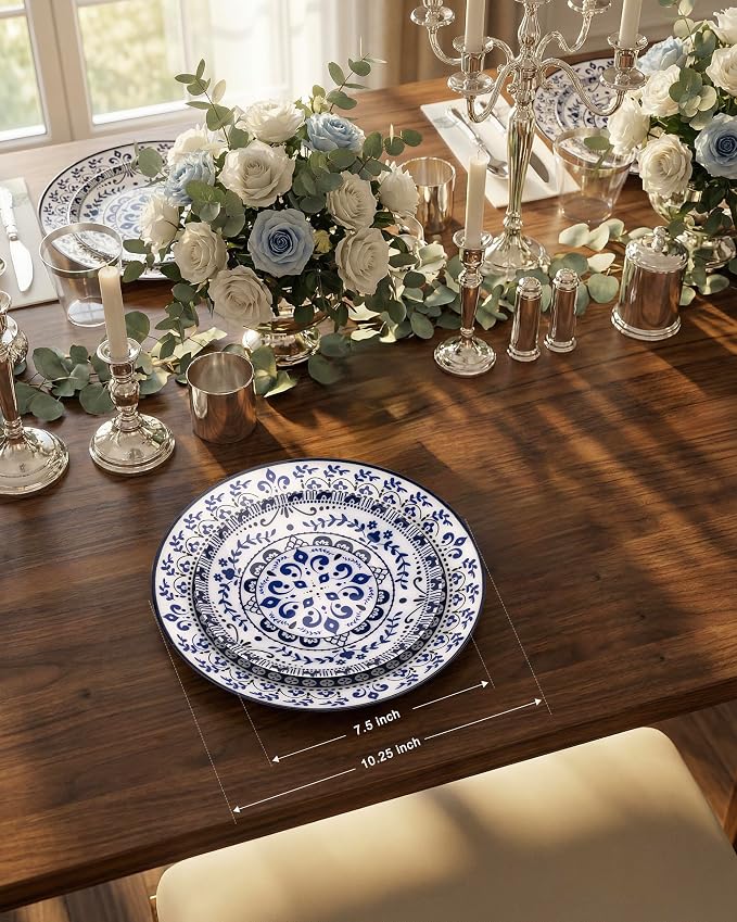 Blue Plastic Plates, Floral Disposable Plates, 10.25" dinner & 7.5" dessert - Image 3