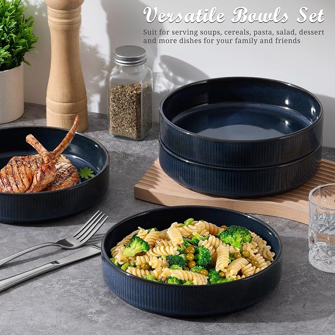 E-far Pasta Bowls Set of 4, 35oz Large Salad Bowl Plate - Image 4