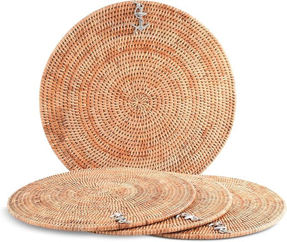 Vagabond House Large Woven Rattan Placemats Set of 4, Durable Wicker Placemats with Pewter Anchor Accent, Quality Rattan Chargers, Ideal for Coastal Beach Home