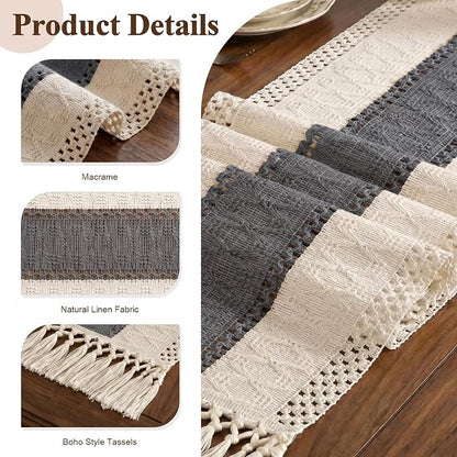 Boho Macrame Table Runner with Tassels 72in Grey Farmhouse Runner | Macrame - Image 6