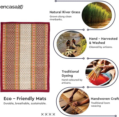 Encasa XO Woven Red Placemats Set of 4 – 12" x 17" | Handwoven Madurkathi Grass Table mats for Dining Table, Kitchen & Outdoor Decor | Durable & Heat‑Resistant