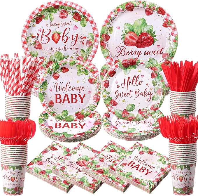 450 Pcs Strawberry Baby Shower Tableware Set Decoration, Serves 50 | A Berry by Unknown