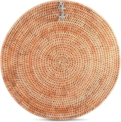 Vagabond House Large Woven Rattan Placemats Set of 4, Durable Wicker Placemats with Pewter Anchor Accent, Quality Rattan Chargers, Ideal for Coastal Beach Home