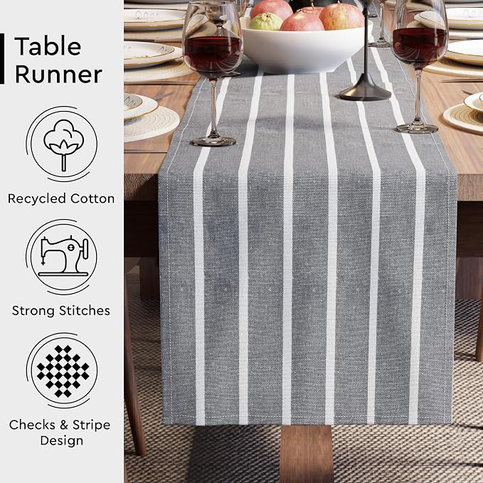 Encasa XO Cotton Dining Table Runner | Roma Grey Stripes | Size 13x72 in - Image 3