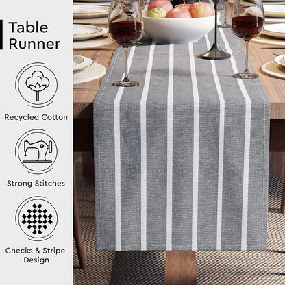 Encasa XO Cotton Dining Table Runner | Roma Grey Stripes | Size 13x72 in - Image 3