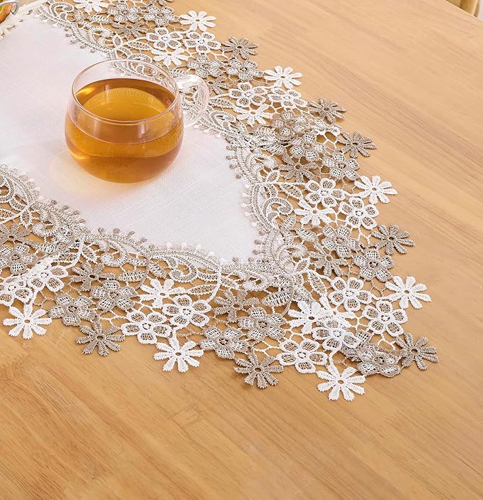 White Beige Floral Lace Table Runner Dresser Scarf | Floral Lace Border - Image 5